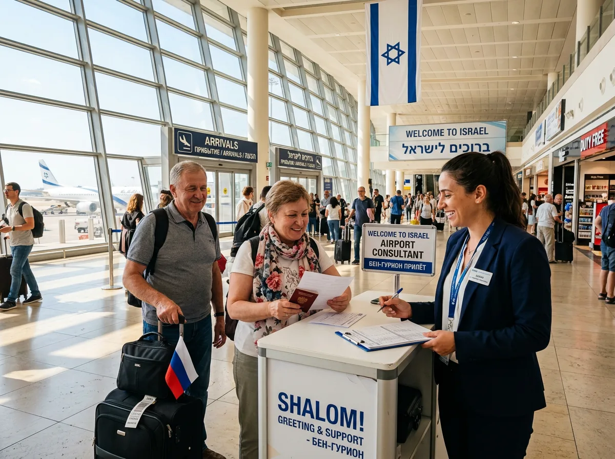 Консультант встречает клиентов в аэропорту Бен-Гурион, помогает с документами — солнечный зал прилёта